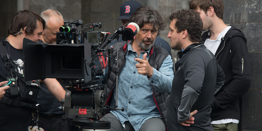 Guillem Morales talking to a cameraman on the set of Decline And Fall