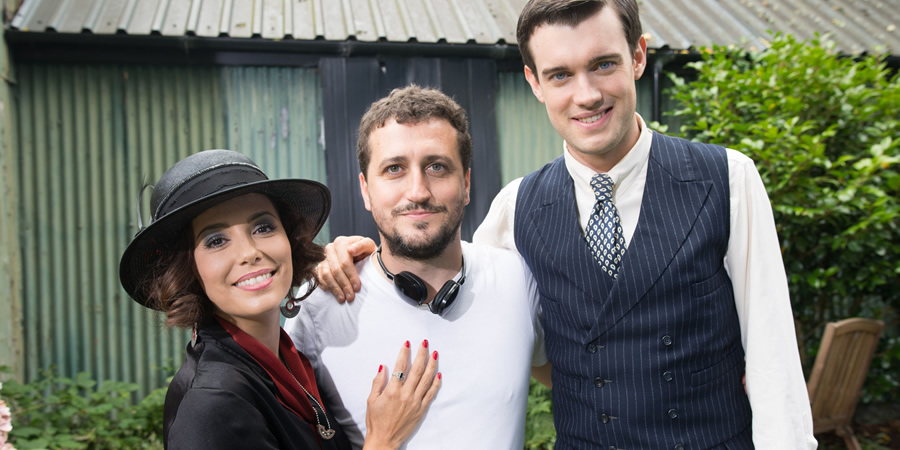 Decline And Fall. Image shows from L to R: Margot Beste-Chetwynde (Eva Longoria), Guillem Morales, Paul Pennyfeather (Jack Whitehall)