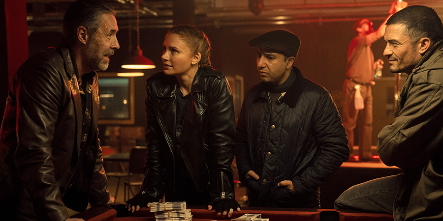 Deep Cover. Image shows left to right: Paddy Considine, Bryce Dallas Howard, Nick Mohammed, Orlando Bloom