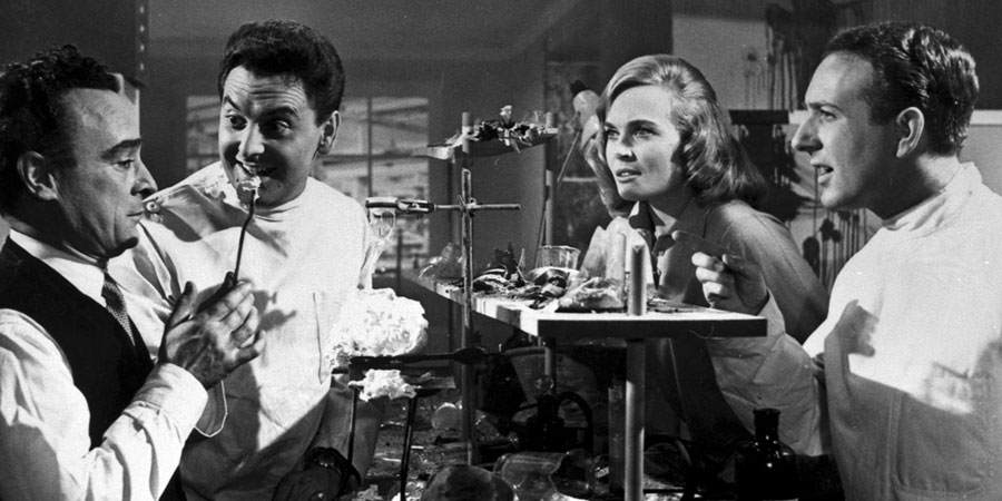 Dentist On The Job. Image shows from L to R: Sam Field (Kenneth Connor), David Cookson (Bob Monkhouse), Jill Venner (Shirley Eaton), Brian Dexter (Ronnie Stevens). Copyright: Bertram Ostrer Productions