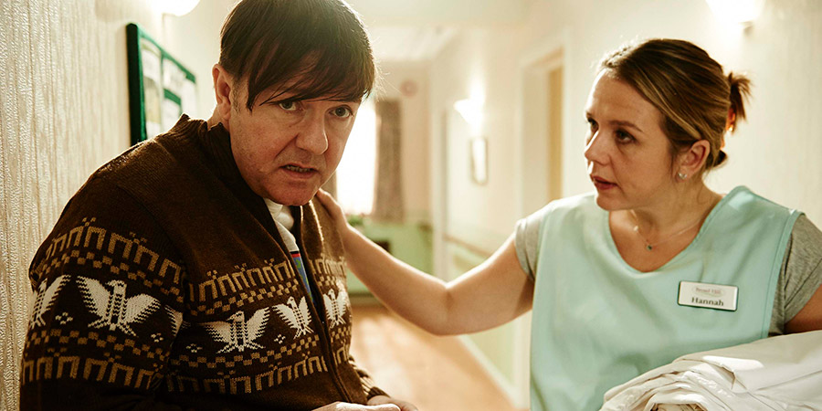 Derek. Image shows from L to R: Derek (Ricky Gervais), Hannah (Kerry Godliman). Copyright: Derek Productions