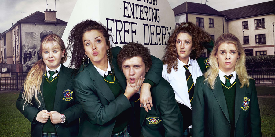 Derry Girls. Image shows from L to R: Clare Devlin (Nicola Coughlan), Michelle Mallon (Jamie-Lee O'Donnell), James Maguire (Dylan Llewellyn), Orla McCool (Louisa Harland), Erin Quinn (Saoirse-Monica Jackson). Copyright: Hat Trick Productions