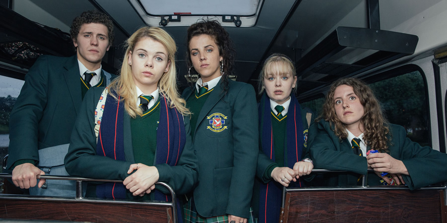 Derry Girls. Image shows from L to R: James Maguire (Dylan Llewellyn), Erin Quinn (Saoirse-Monica Jackson), Michelle Mallon (Jamie-Lee O'Donnell), Clare Devlin (Nicola Coughlan), Orla McCool (Louisa Harland). Copyright: Hat Trick Productions