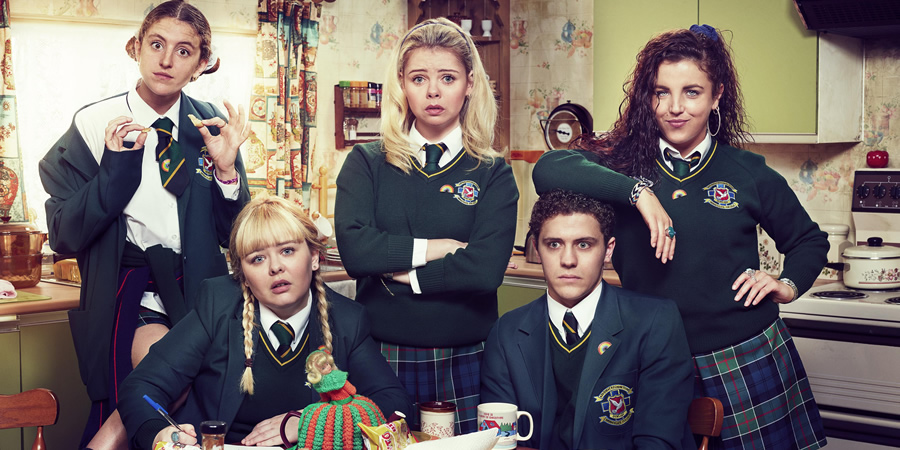 Derry Girls. Image shows from L to R: Orla McCool (Louisa Harland), Clare Devlin (Nicola Coughlan), Erin Quinn (Saoirse-Monica Jackson), James Maguire (Dylan Llewellyn), Michelle Mallon (Jamie-Lee O'Donnell). Copyright: Hat Trick Productions