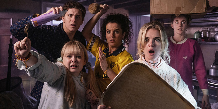 Derry Girls. Image shows from L to R: Clare Devlin (Nicola Coughlan), James Maguire (Dylan Llewellyn), Michelle Mallon (Jamie-Lee O'Donnell), Erin Quinn (Saoirse-Monica Jackson), Orla McCool (Louisa Harland). Copyright: Hat Trick Productions