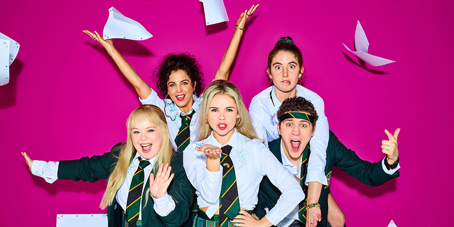 Derry Girls. Image shows from L to R: Clare Devlin (Nicola Coughlan), Michelle Mallon (Jamie-Lee O'Donnell), Erin Quinn (Saoirse-Monica Jackson), Orla McCool (Louisa Harland), James Maguire (Dylan Llewellyn)