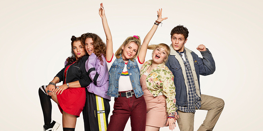 Derry Girls. Image shows from L to R: Michelle Mallon (Jamie-Lee O'Donnell), Orla McCool (Louisa Harland), Erin Quinn (Saoirse-Monica Jackson), Clare Devlin (Nicola Coughlan), James Maguire (Dylan Llewellyn)