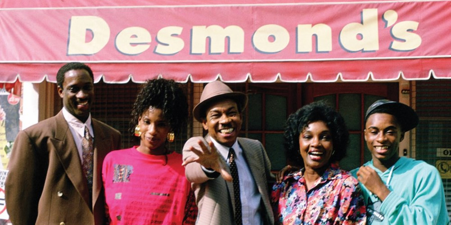 Desmond's. Image shows from L to R: Michael (Geff Francis), Gloria (Kim Walker), Desmond (Norman Beaton), Shirley (Carmen Munroe), Sean (Justin Pickett). Copyright: Humphrey Barclay Productions