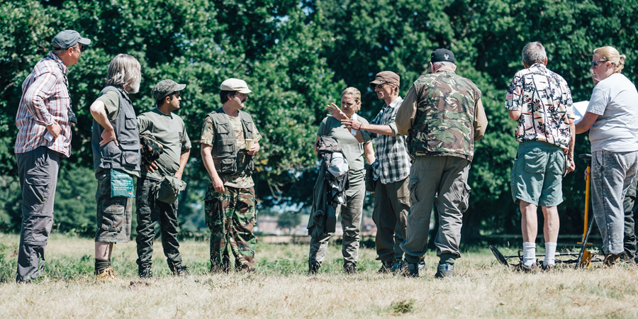 Behind-the-scenes on Detectorists. Image shows from L to R: Russell (Pearce Quigley), Hugh (Divian Ladwa), Paul (Paul Casar), Louise (Laura Checkley), Andy Stone (Mackenzie Crook)