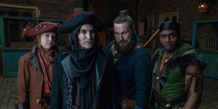 The Completely Made-Up Adventures Of Dick Turpin. Image shows left to right: Nell Brazier (Ellie White), Dick Turpin (Noel Fielding), Moose Pleck (Marc Wootton), Honesty Courage (Duayne Boachie)