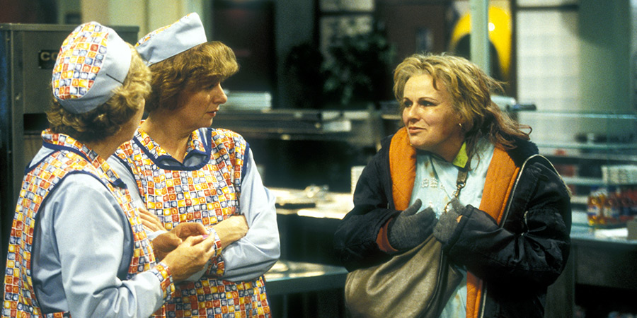 dinnerladies. Image shows left to right: Jean (Anne Reid), Brenda (Victoria Wood), Petula Gardeno (Julie Walters)