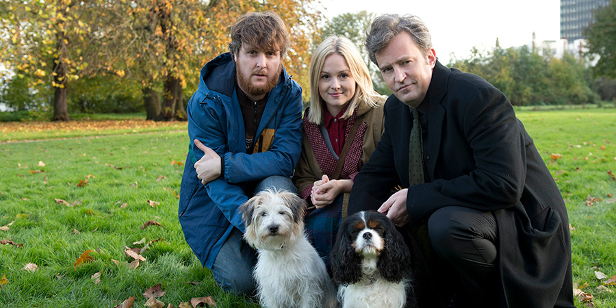 The Dog Thrower. Image shows from L to R: Jonah (Tim Key), Jessica (Kimberley Nixon), The Charismatic Man (Matthew Perry). Copyright: Runaway Fridge