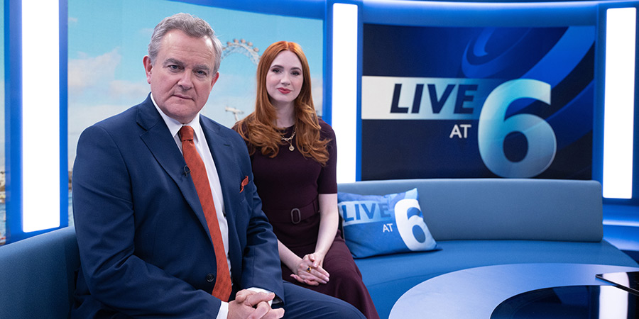 Douglas Is Cancelled. Image shows left to right: Douglas (Hugh Bonneville), Madeline (Karen Gillan)