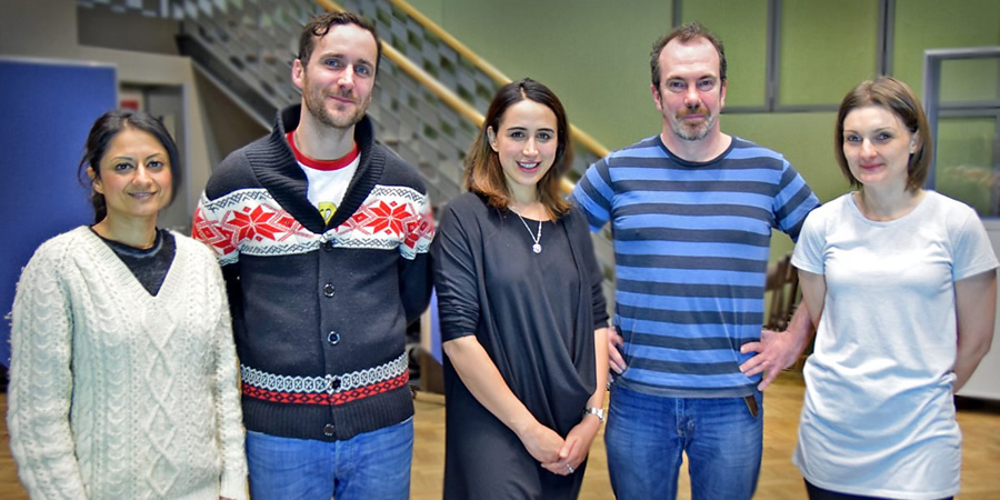 Drivetime. Image shows from L to R: Maryam Hamidi, Danny (Robert Jack), Shazia (Nalini Chetty), Andrew (Gavin Mitchell), Michelle (Ashley Smith). Copyright: BBC