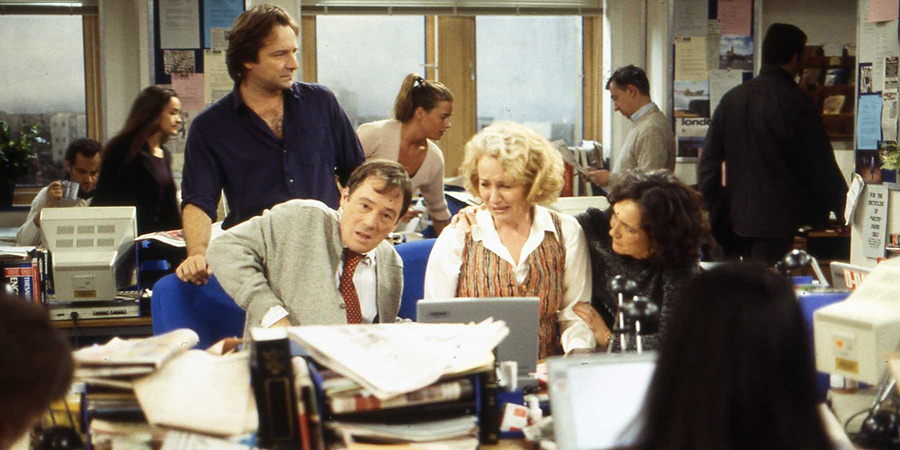 Drop The Dead Donkey. Image shows left to right: Dave Charnley (Neil Pearson), George Dent (Jeff Rawle), Helen Cooper (Ingrid Lacey), Joy Merryweather (Susannah Doyle)
