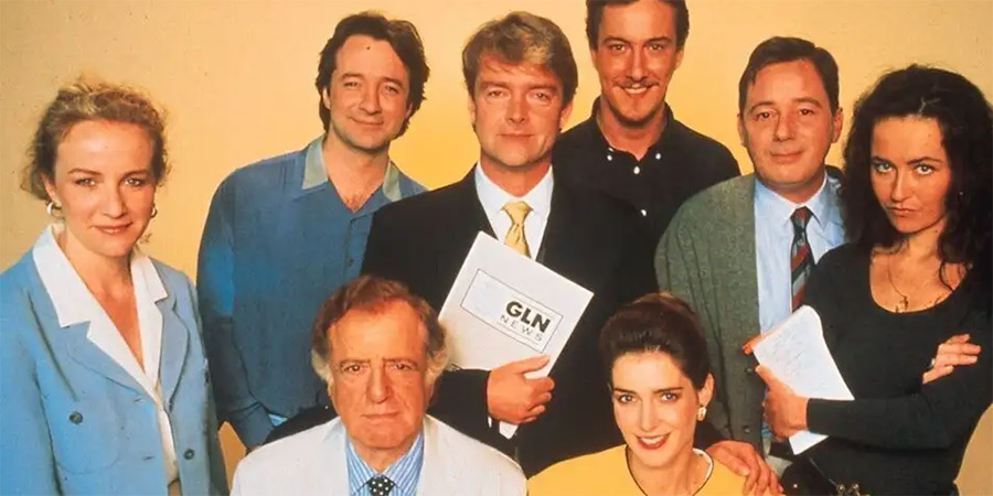 Drop The Dead Donkey. Image shows left to right: Helen Cooper (Ingrid Lacey), Dave Charnley (Neil Pearson), Henry Davenport (David Swift), Gus Hedges (Robert Duncan), Damien Day (Stephen Tompkinson), Sally Smedley (Victoria Wicks), George Dent (Jeff Rawle), Joy Merryweather (Susannah Doyle)