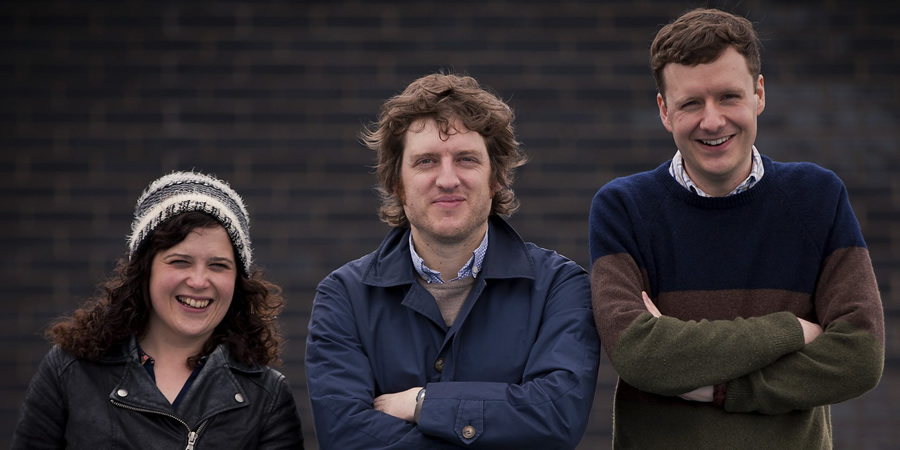 Elis James's Guide To Machynlleth. Image shows from L to R: Llinos Mai, Elis James, Benjamin Partridge