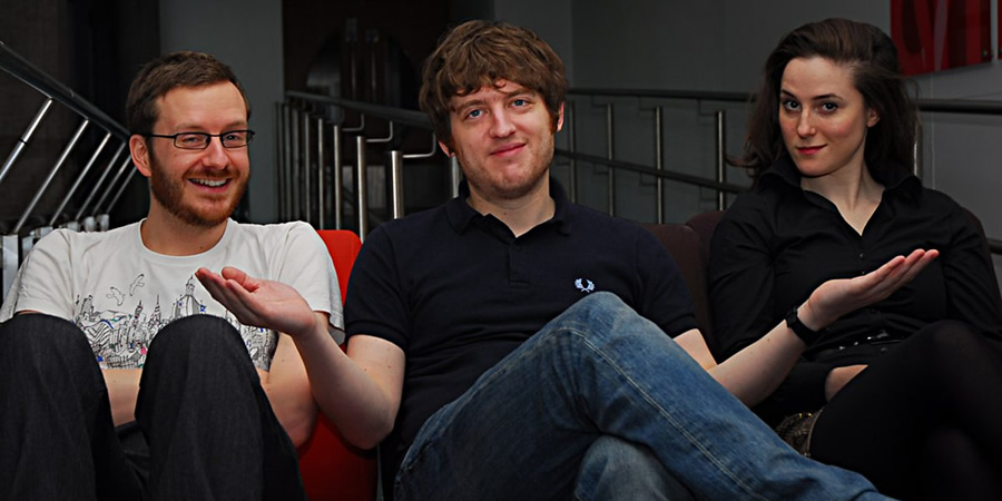 Elis James' Pantheon Of Heroes. Image shows from L to R: Benjamin Partridge, Elis James, Nadia Kamil. Copyright: BBC