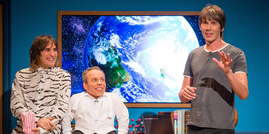 The Entire Universe. Image shows from L to R: Noel Fielding, Warwick Davis, Brian Cox. Copyright: BBC / Guy Levy