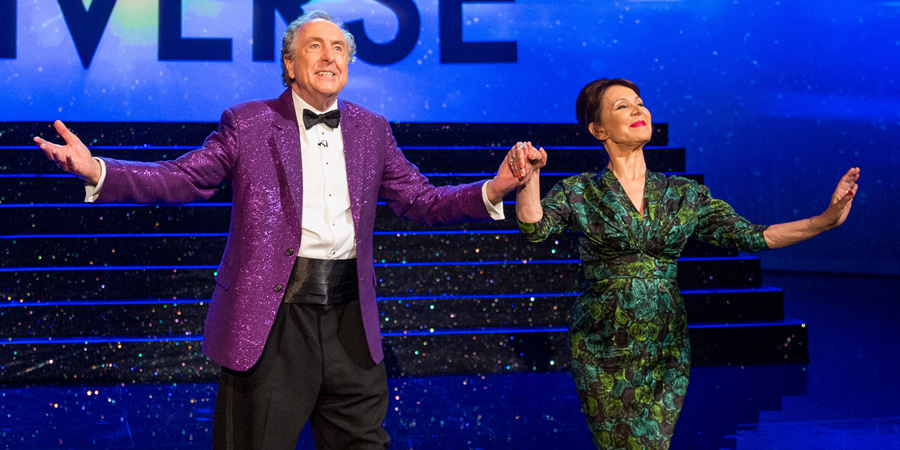 The Entire Universe. Image shows from L to R: Eric Idle, Muriel Tritt (Arlene Phillips). Copyright: BBC / Guy Levy