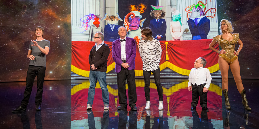 The Entire Universe. Image shows from L to R: Brian Cox, Robin Ince, Eric Idle, Noel Fielding, Warwick Davis, Hannah Waddingham. Copyright: BBC / Guy Levy