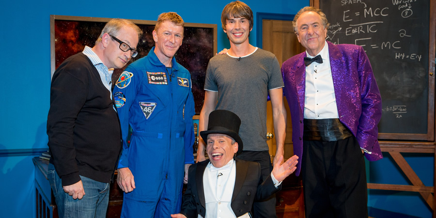 The Entire Universe. Image shows from L to R: Robin Ince, Tim Peake, Warwick Davis, Brian Cox, Eric Idle. Copyright: BBC / Guy Levy