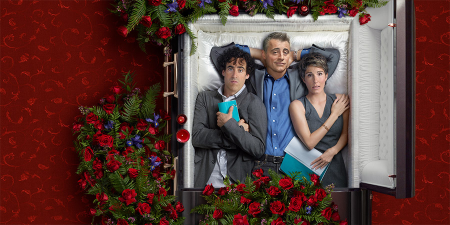 Episodes. Image shows from L to R: Sean Lincoln (Stephen Mangan), Matt LeBlanc (Matt LeBlanc), Beverly Lincoln (Tamsin Greig). Copyright: Hat Trick Productions