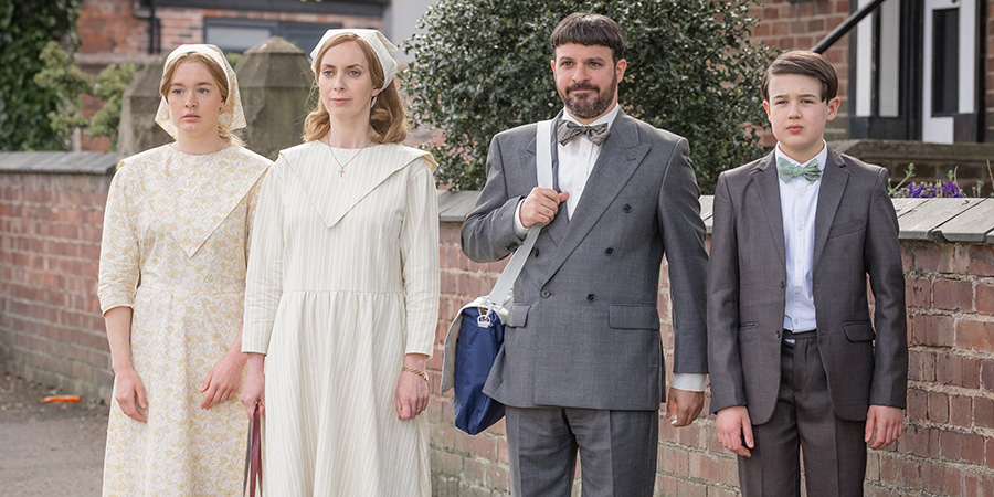 Everyone Else Burns. Image shows left to right: Rachel (Amy James-Kelly), Fiona Lewis (Kate O'Flynn), David Lewis (Simon Bird), Aaron (Harry Connor)