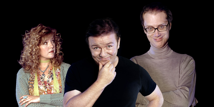 Extras. Image shows from L to R: Maggie Jacobs (Ashley Jensen), Andy Millman (Ricky Gervais), Darren Lamb (Stephen Merchant). Copyright: BBC