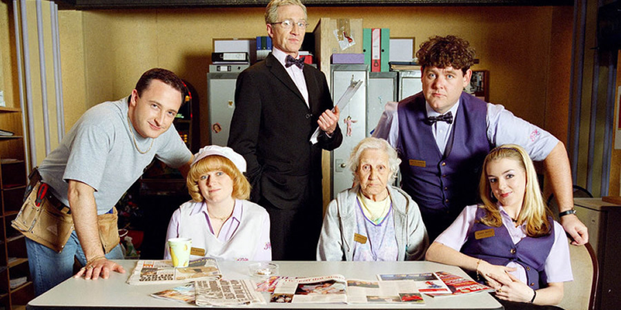 Eyes Down. Image shows from L to R: Bobby (Neil Fitzmaurice), Christine (Rosie Cavaliero), Ray (Paul O'Grady), Mary (Edna Doré), Martin (Tony Maudsley), Sandy (Sheridan Smith)