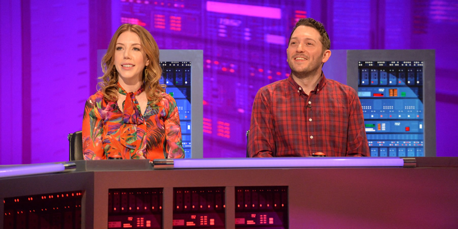 The Fake News Show. Image shows from L to R: Katherine Ryan, Jon Richardson. Copyright: Hat Trick Productions