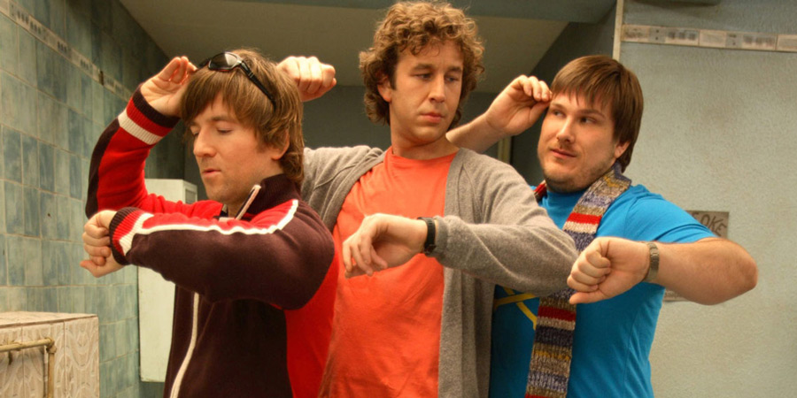 Frequently Asked Questions About Time Travel. Image shows from L to R: Pete (Dean Lennox Kelly), Ray (Chris O'Dowd), Toby (Marc Wootton). Copyright: Doglamp Productions