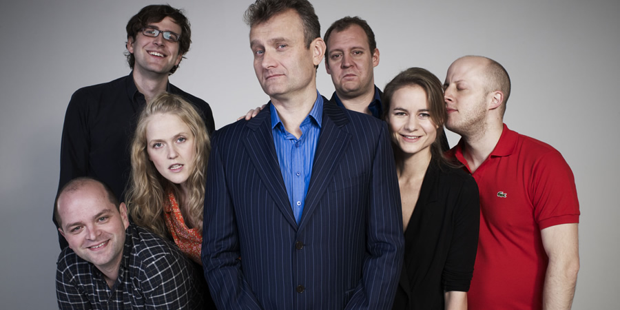 Fast And Loose. Image shows from L to R: David Armand, Humphrey Ker, Pippa Evans, Hugh Dennis, Justin Edwards, Laura Solon, Marek Larwood. Copyright: Angst Productions