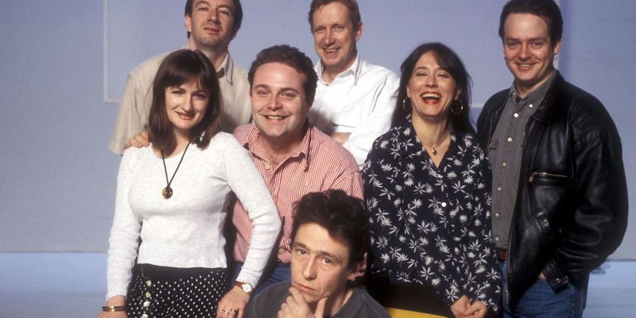 The Fast Show. Image shows from L to R: Caroline Aherne, Simon Day, John Thomson, Mark Williams, Paul Whitehouse, Arabella Weir, Charlie Higson. Copyright: BBC