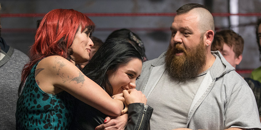 Fighting With My Family. Image shows left to right: Lena Headey, Saraya 'Paige' Bevis (Florence Pugh), Nick Frost