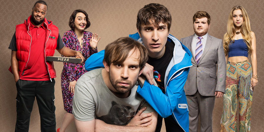 Flat TV. Image shows from L to R: Courier (Javone Prince), Aoife (Rebecca Gethings), Naz (Naz Osmanoglu), Tom (Tom Rosenthal), Mikey (Ethan Lawrence), Sophie (Alicia Scott-Fawcett). Copyright: BBC