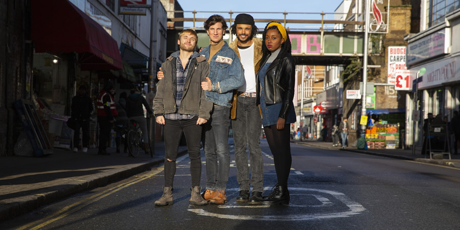 Flatshare. Image shows from L to R: Seb (Nic Bernasconi), Tom (Andrew Rowe), Omar (Shaun Cowlishaw), Kemi (Ani Nelson)