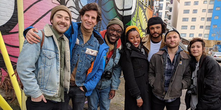 Flatshare. Image shows from L to R: Grant Taylor, Tom (Andrew Rowe), James Barber, Kemi (Ani Nelson), Omar (Shaun Cowlishaw), Seb (Nic Bernasconi)