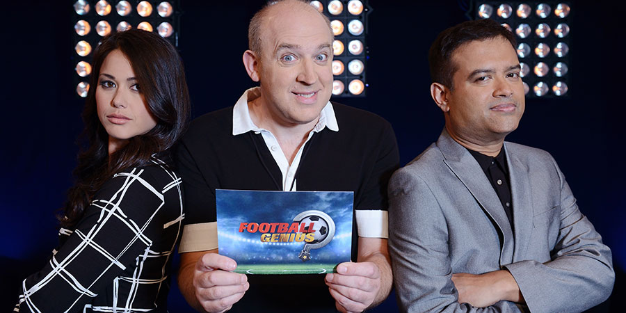 Football Genius. Image shows from L to R: Sam Quek, Tim Vine, Paul Sinha. Copyright: Hat Trick Productions