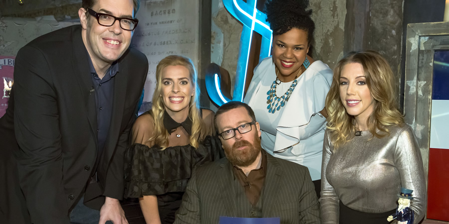 Frankie Boyle's Autopsy. Image shows from L to R: Richard Osman, Sara Pascoe, Frankie Boyle, Desiree Burch, Katherine Ryan. Copyright: Zeppotron