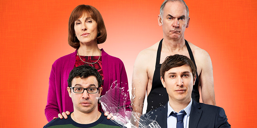 Friday Night Dinner. Image shows from L to R: Jackie (Tamsin Greig), Adam (Simon Bird), Martin (Paul Ritter), Jonny (Tom Rosenthal)