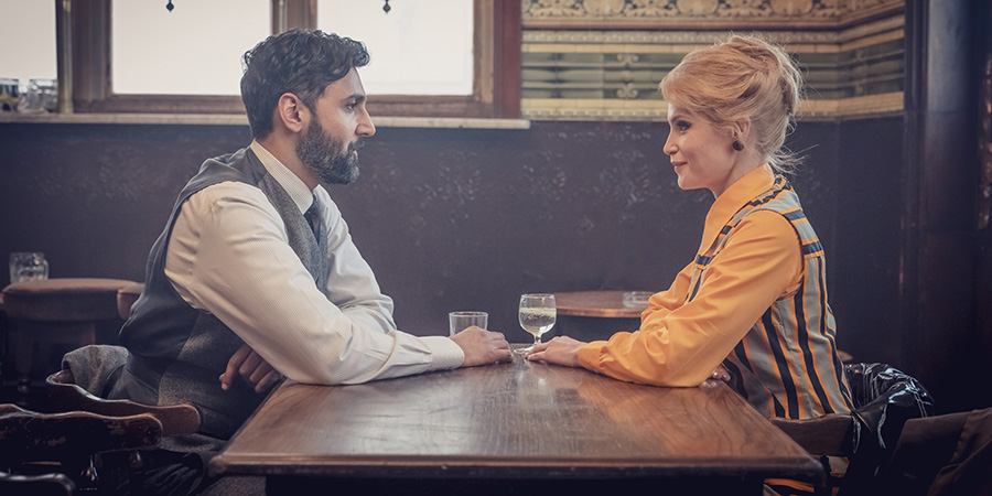 Funny Woman. Image shows left to right: Dennis Mahindra (Arsher Ali), Barbara Parker / Sophie Straw (Gemma Arterton)