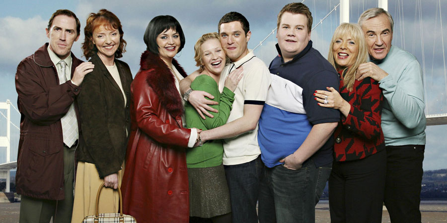 Gavin & Stacey. Image shows from L to R: Bryn (Rob Brydon), Gwen (Melanie Walters), Nessa (Ruth Jones), Stacey (Joanna Page), Gavin (Mathew Horne), Smithy (James Corden), Pam (Alison Steadman), Mick (Larry Lamb). Copyright: Baby Cow Productions