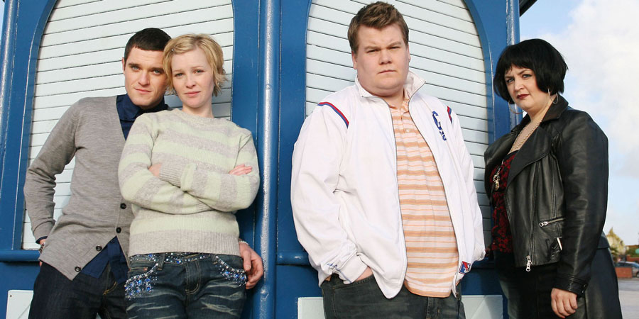 Gavin & Stacey. Image shows from L to R: Gavin (Mathew Horne), Stacey (Joanna Page), Smithy (James Corden), Nessa (Ruth Jones). Copyright: Baby Cow Productions