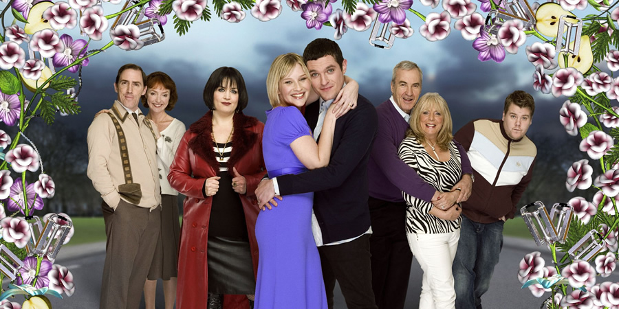 Gavin & Stacey. Image shows from L to R: Bryn (Rob Brydon), Gwen (Melanie Walters), Nessa (Ruth Jones), Stacey (Joanna Page), Gavin (Mathew Horne), Mick (Larry Lamb), Pam (Alison Steadman), Smithy (James Corden). Copyright: Baby Cow Productions