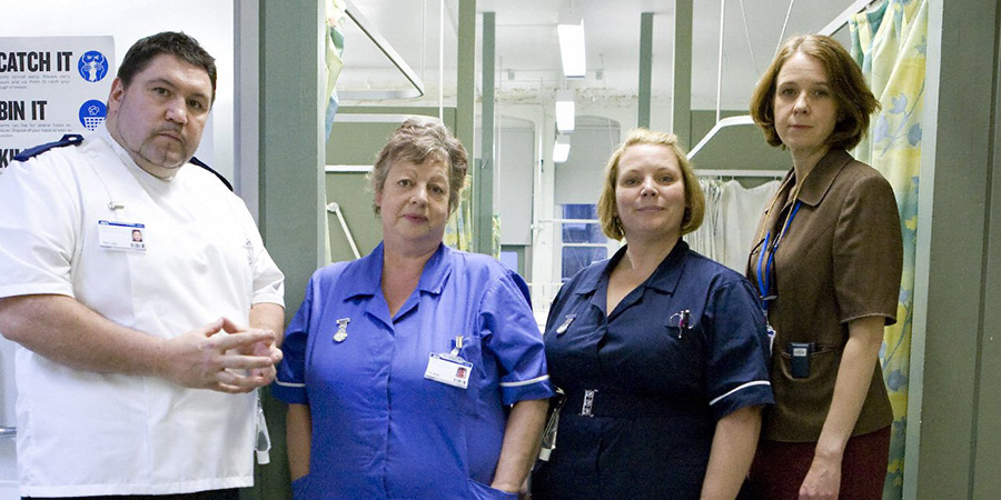 Getting On. Image shows left to right: Hilary Loftus (Ricky Grover), Nurse Kim Wilde (Jo Brand), Sister Den Flixter (Joanna Scanlan), Doctor Pippa Moore (Vicki Pepperdine)