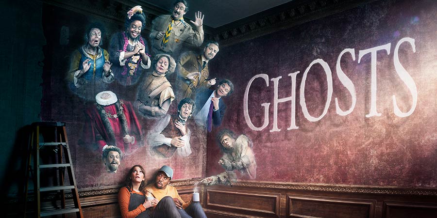 Ghosts. Image shows from L to R: Mary (Katy Wix), Humphrey (Laurence Rickard), Kitty (Lolly Adefope), Alison (Charlotte Ritchie), Lady Button (Martha Howe-Douglas), Mike (Kiell Smith-Bynoe), Pat (Jim Howick), Thomas (Mathew Baynton), Captain (Ben Willbond), Julian (Simon Farnaby). Copyright: Monumental Pictures