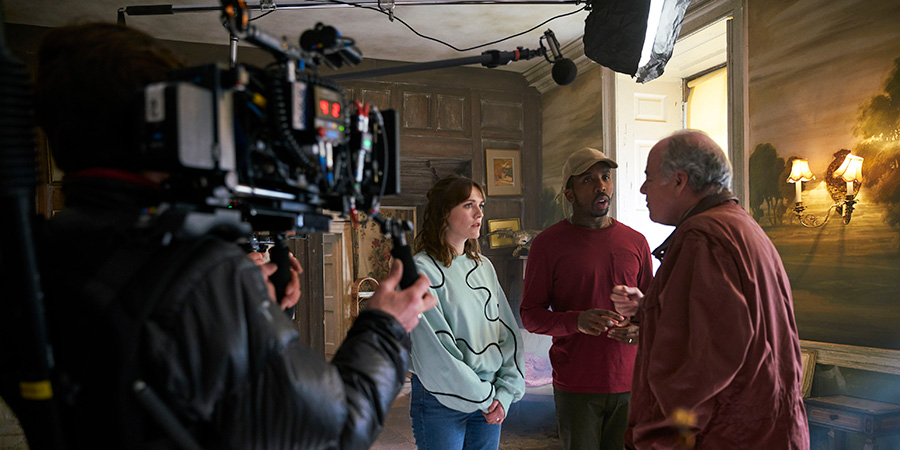 Ghosts. Image shows left to right: Alison (Charlotte Ritchie), Mike (Kiell Smith-Bynoe), Barclay Beg-Chetwynde (Geoffrey McGivern)