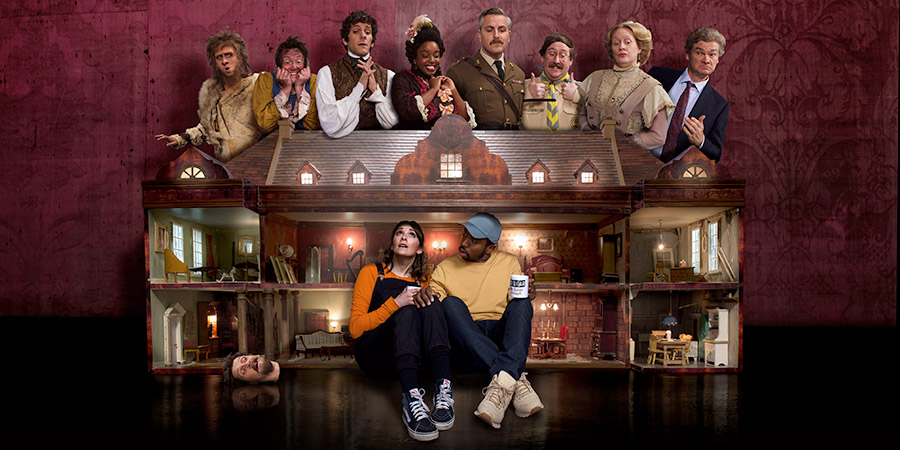 Ghosts. Image shows from L to R: Robin (Laurence Rickard), Humphrey (Laurence Rickard), Mary (Katy Wix), Thomas (Mathew Baynton), Alison (Charlotte Ritchie), Kitty (Lolly Adefope), Mike (Kiell Smith-Bynoe), Captain (Ben Willbond), Pat (Jim Howick), Lady Button (Martha Howe-Douglas), Julian (Simon Farnaby). Copyright: Monumental Pictures