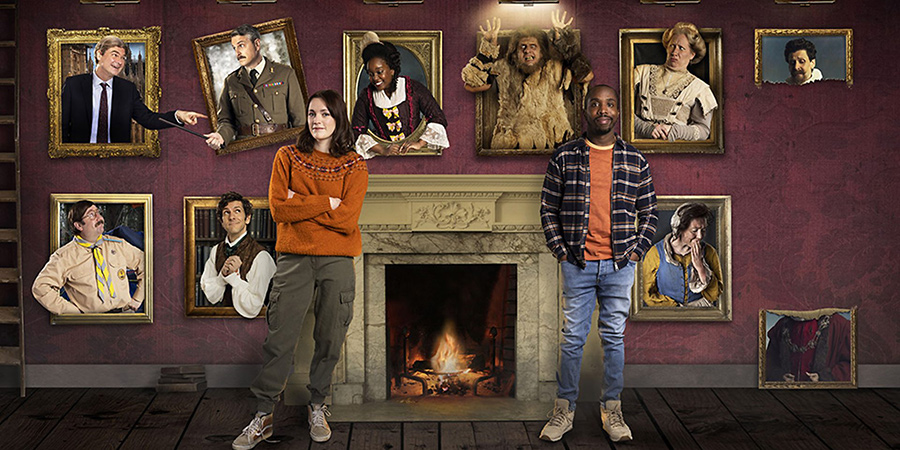 Ghosts. Image shows from L to R: Julian (Simon Farnaby), Pat (Jim Howick), Captain (Ben Willbond), Thomas (Mathew Baynton), Alison (Charlotte Ritchie), Kitty (Lolly Adefope), Robin (Laurence Rickard), Mike (Kiell Smith-Bynoe), Lady Button (Martha Howe-Douglas), Mary (Katy Wix), Humphrey (Laurence Rickard). Copyright: Monumental Pictures